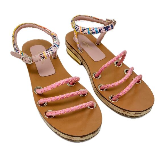 Chanel 2017 Fisherman Sandals Rope Tweed Cork Gold CC Label Plate Size 39.5 - Picture 6 of 15